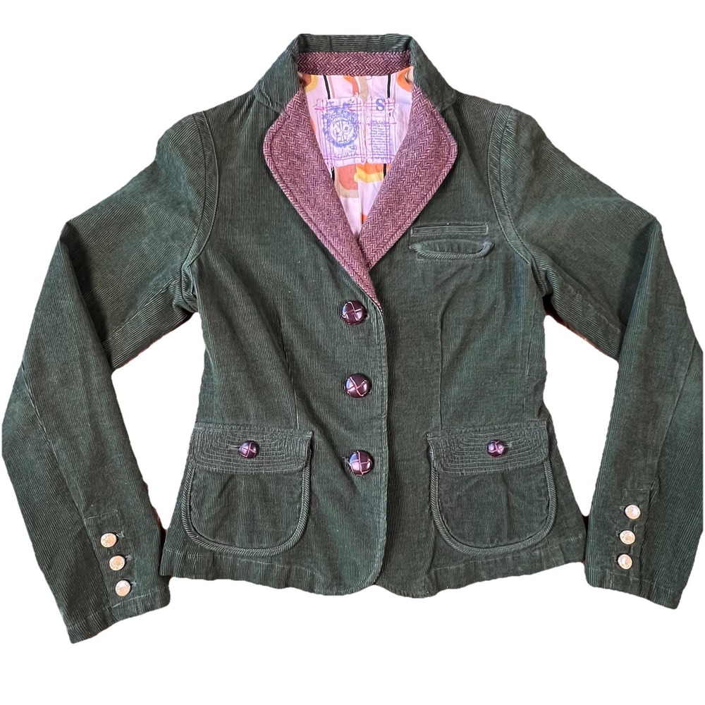 Rare Vintage Trovato Green‎ Corduroy Blazer Tweed Lapel & Unique Buttons SZ S